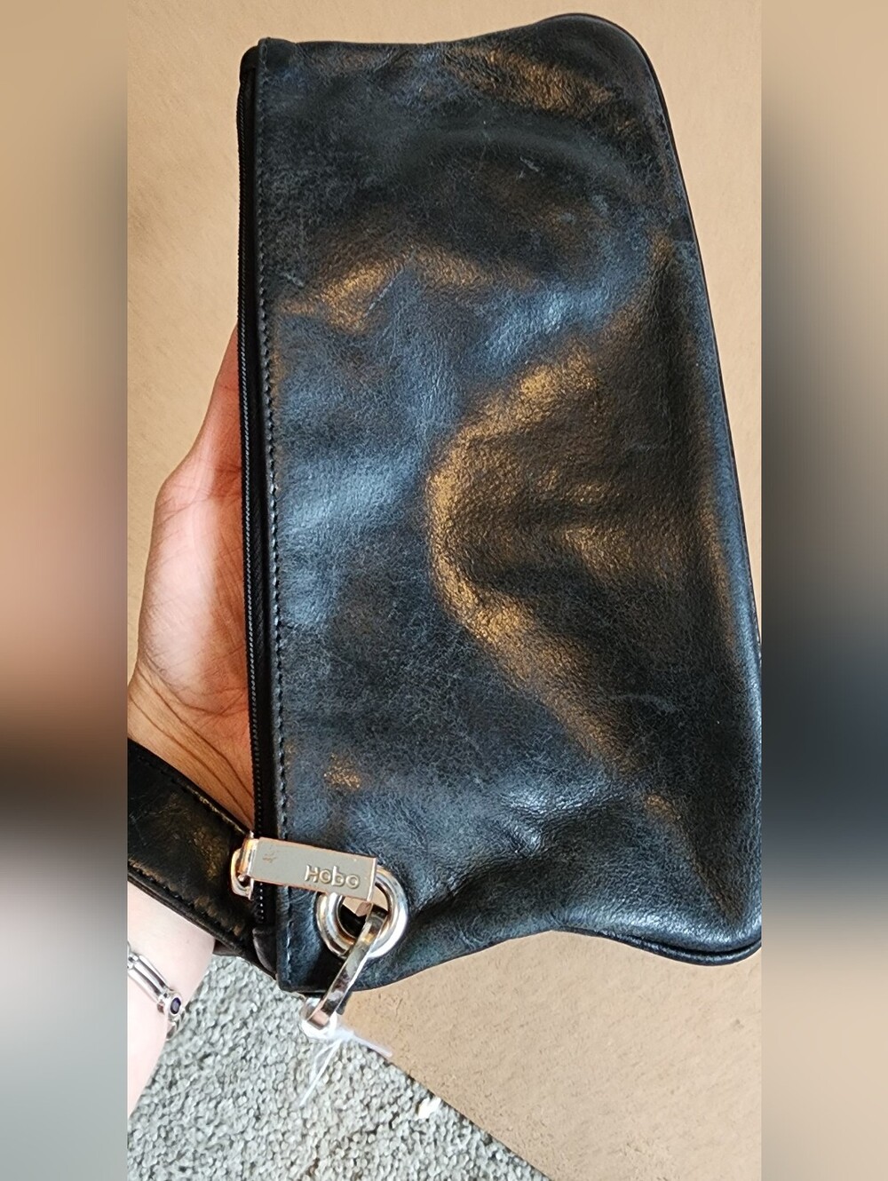 HOBO Black Leather Zip Wristlet with Silver Hardware
